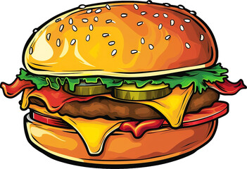 Cartoon style hamburger isolated on transparent background. PNG