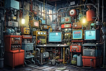 Picture a whimsical fusion of antiquated technology and animation with an old tech cartoon background, featuring comical devices, Generative AI - obrazy, fototapety, plakaty
