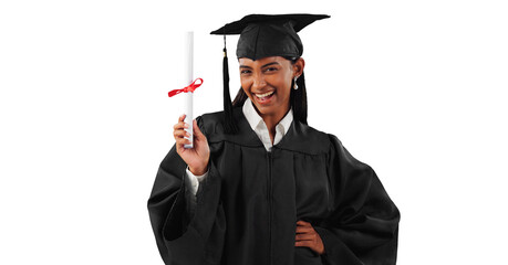 Graduation goals, certificate or portrait of graduate with education, college or university...