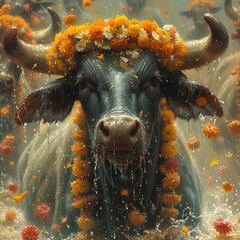 a bull with flowers on its head in the water