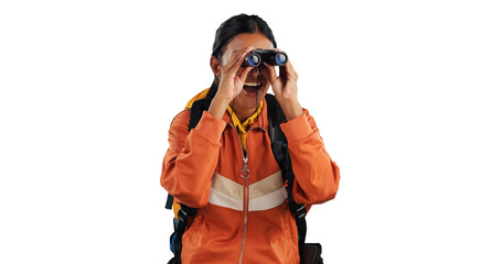 Binocular, search and excited woman hiking on isolated, transparent or png background. Nature, seeing and Indian female backpacker with vision equipment for sightseeing, looking or view in nature