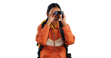 Binocular, search and excited woman hiking on isolated, transparent or png background. Nature, seeing and Indian female backpacker with vision equipment for sightseeing, looking or view in nature