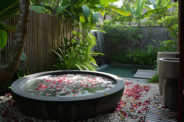 Luxuriate in the serene ambiance of a Bali-style spa center, where a round outdoor bath adorned with flowers awaits amid the lush garden surroundings of a chic and upscale hotel in Bali.




