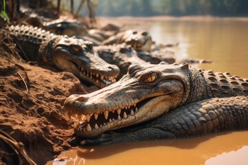 Crocodiles resting in the sun on a river bank. Ai generated