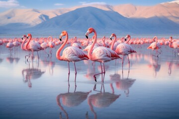 Flamingos gathering around a vibrant lake. Wild African life flock of pink African flamingos walking around the blue lagoon on the background, Ai generated