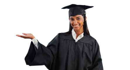 Graduate, portrait and palm gesture or education recommendation or information, registration or choice. Female person, university and hand or isolated transparent png background, college or school