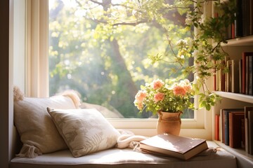 A cozy reading nook in a peaceful, sunlit room