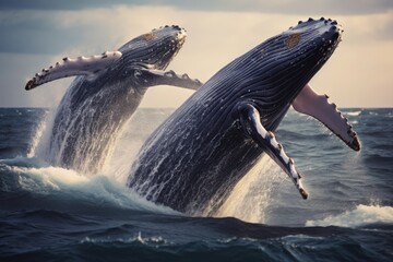 Humpback whales diving deep in the pacific, Ai generated