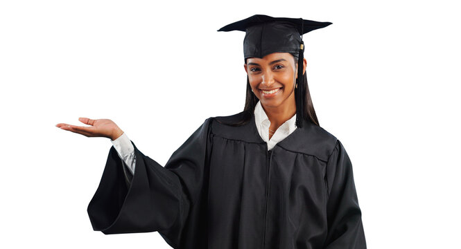 Graduate, portrait and palm gesture or education recommendation or information, registration or choice. Female person, university and hand or isolated transparent png background, college or school