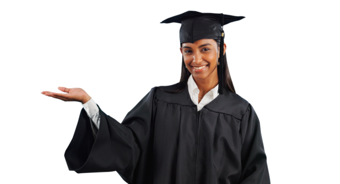 Graduate, portrait and palm gesture or education recommendation or information, registration or choice. Female person, university and hand or isolated transparent png background, college or school - Powered by Adobe