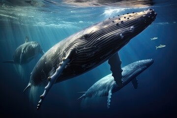 Fototapeta premium Humpback whales diving deep in the pacific, Ai generated