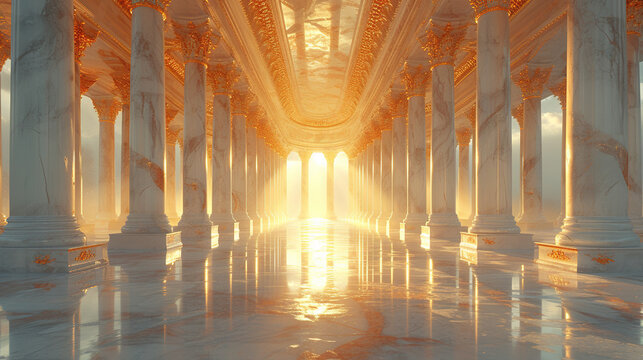 Interior of a big hall with marble floor and pillars. Created with Ai