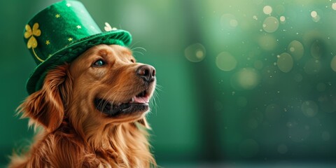 A charming dog wearing a green leprechaun hat decorated with shamrocks, embodying the spirit of St. Patrick's Day.