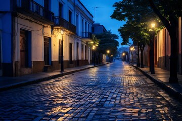 Naklejka premium A quiet street bathed in the colors of blue hour