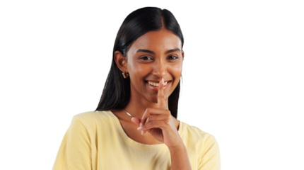 Secret, woman and portrait with hand on lips to whisper in transparent, isolated or png background. Happy, girl and person gesture to shush for privacy of drama, news and emoji for gossip story