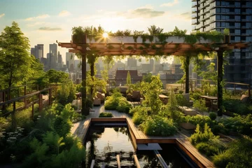 Fotobehang A rooftop garden flourishing with greenery thanks to solar-powered irrigation © KerXing