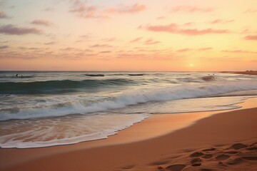 A serene beach at dusk with the tide gently rolling in