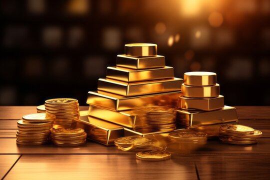 A precise stack of coA stack of coins and gold bars with a concept of financial investment and growth