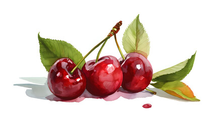 Cherries and leaves painted on a white background
