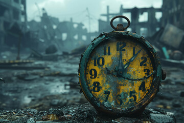 a somber post-apocalyptic landscape where a solitary intact clock face stands amidst the fallout of a hydrogen bomb detonation The clock still ticking symbolizes - obrazy, fototapety, plakaty