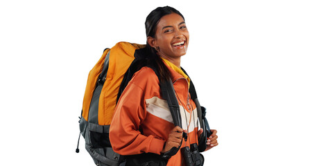 Hiking, backpack and portrait of happy woman with travel adventure, explore or fun on isolated,...