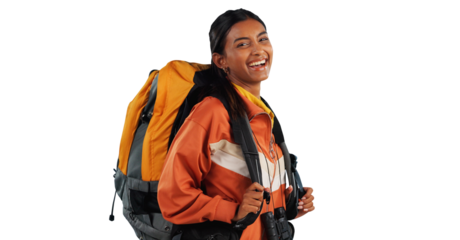 Hiking, backpack and portrait of happy woman with travel adventure, explore or fun on isolated, transparent or png background. Journey, trekking or face of Indian person excited for camping in nature