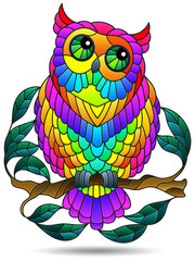 Set of  illustrations in stained glass style with a cute owl on a branch, dark contours on white background