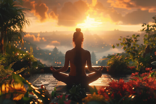 a meditative yoga session taking place in a tranquil outdoor setting amidst natures bounty The practitioner is in a pose that reflects inner harmony and balance with