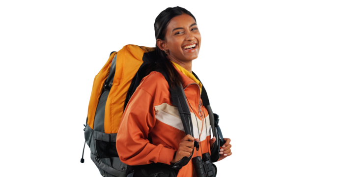 Hiking, backpack and portrait of happy woman with travel adventure, explore or fun on isolated, transparent or png background. Journey, trekking or face of Indian person excited for camping in nature