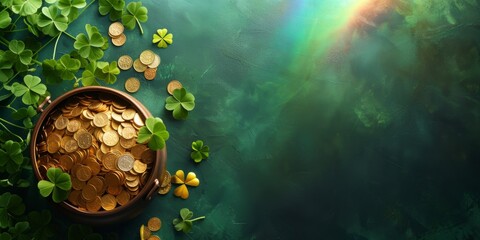 An enticing pot full of golden coins surrounded by fresh green clovers, with a soft rainbow in the background, perfect for St. Patrick's Day. Flat-lay view