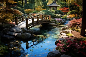 A tranquil garden bridge over the crystal clear waters of a stream