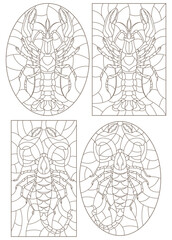 Set of contour illustrations of stained glass Windows with Scorpion and cancer, dark contours on a white background