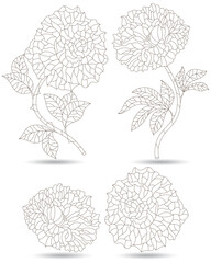 Set of contour illustrations in stained glass style with peony and rose flowers, dark outlines isolated on a white background