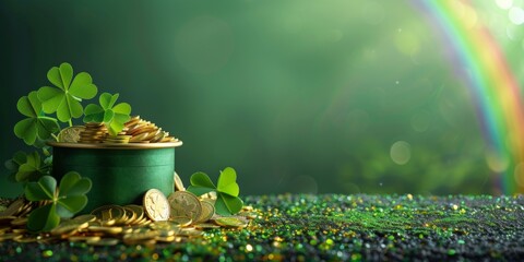 A pot of gold coins surrounded by green clover leaves with a rainbow in the background, depicting luck and St. Patrick's Day.