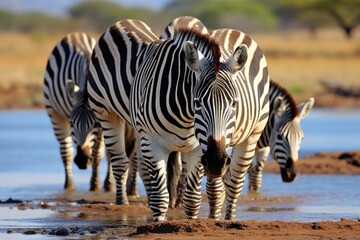Zebras drinking water from a river in the savanna. Ai generated