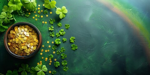 An enticing pot full of golden coins surrounded by fresh green clovers, with a soft rainbow in the background, perfect for St. Patrick's Day. Flat-lay view