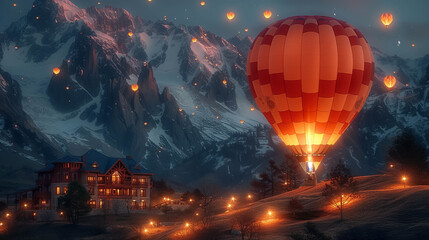 Under a canopy of stars a hot air balloon provides an intimate supper setting for two offering panoramic views of snow-capped mountains The gourmet meal is illuminated by soft