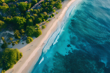 Aerial view of Gili Islands, Lombok, Indonesia: Sandy beach, turquoise ocean waves.
