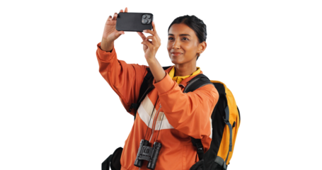Woman, hiking and cellphone for picture in nature for social media post for exploring, adventure or photography. Female person, connection and isolated transparent png background, walking or journey