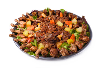 cold cuts of chicken, lamb and beef with potatoes and carrots, on a white background