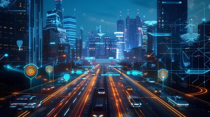 Futuristic visualization of smart city traffic with autonomous vehicles and interconnected digital networks illuminating the skyline.