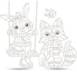A set of contour illustrations in the style of stained glass with cute rabbit and fox on a swing, dark contours on a white background