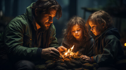 photo of family camping in the forest with a campfire on a dark background