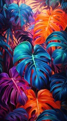 Large tropical leaves in neon colors. Creative fluorescent picture of exotic leaves.The concept of nature.