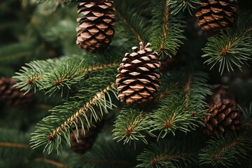 Close up of pinecones on an evergreen bough