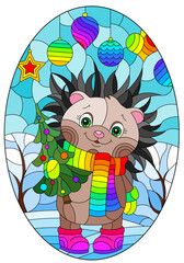An illustration in the style of a stained glass window with a cartoon hedgehog on the background of a winter landscape