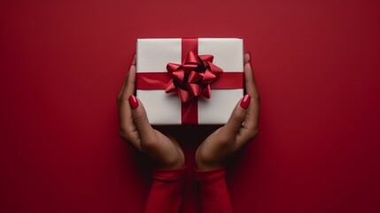 Hands are holding a gift box isolated on red background, Flat-lay view.