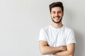 Fototapeta premium Portrait of smiling handsome man in white t-shirt, standing with crossed arms isolated on gray background