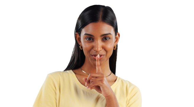 Secret, portrait and woman with finger on lips to whisper in transparent, isolated or png background. Happy, girl and person gesture to shush for privacy of drama, news and emoji for gossip story