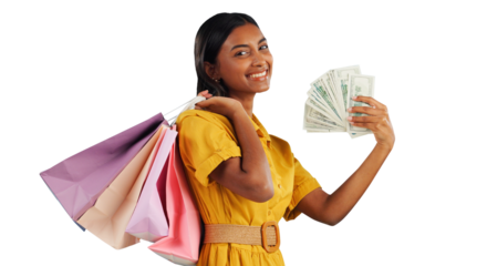 Woman, shopping bag and cash fan with wealth for commerce and customer in portrait with happy face. Money, financial freedom and retail fashion with product and isolated on transparent png background
